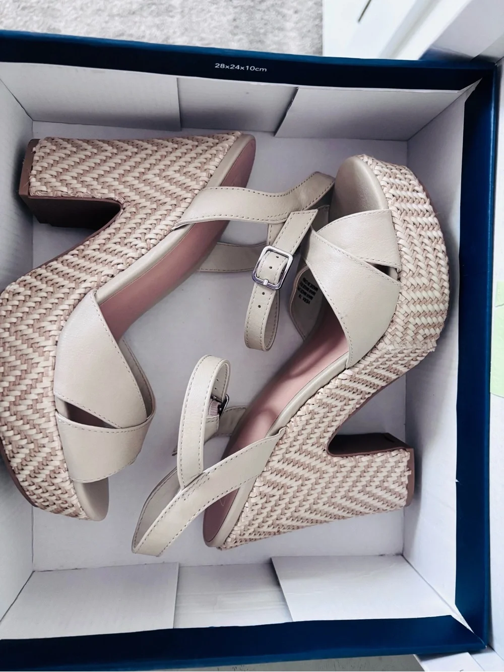 Kaari Blue Beige Woven Platform Sandals with Ankle Strap